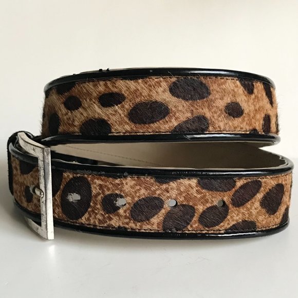 Vtg Calvin Klein Brown Black Leather Belt Womens Size M Cow Fur Spots Cowgirl - Picture 4 of 16